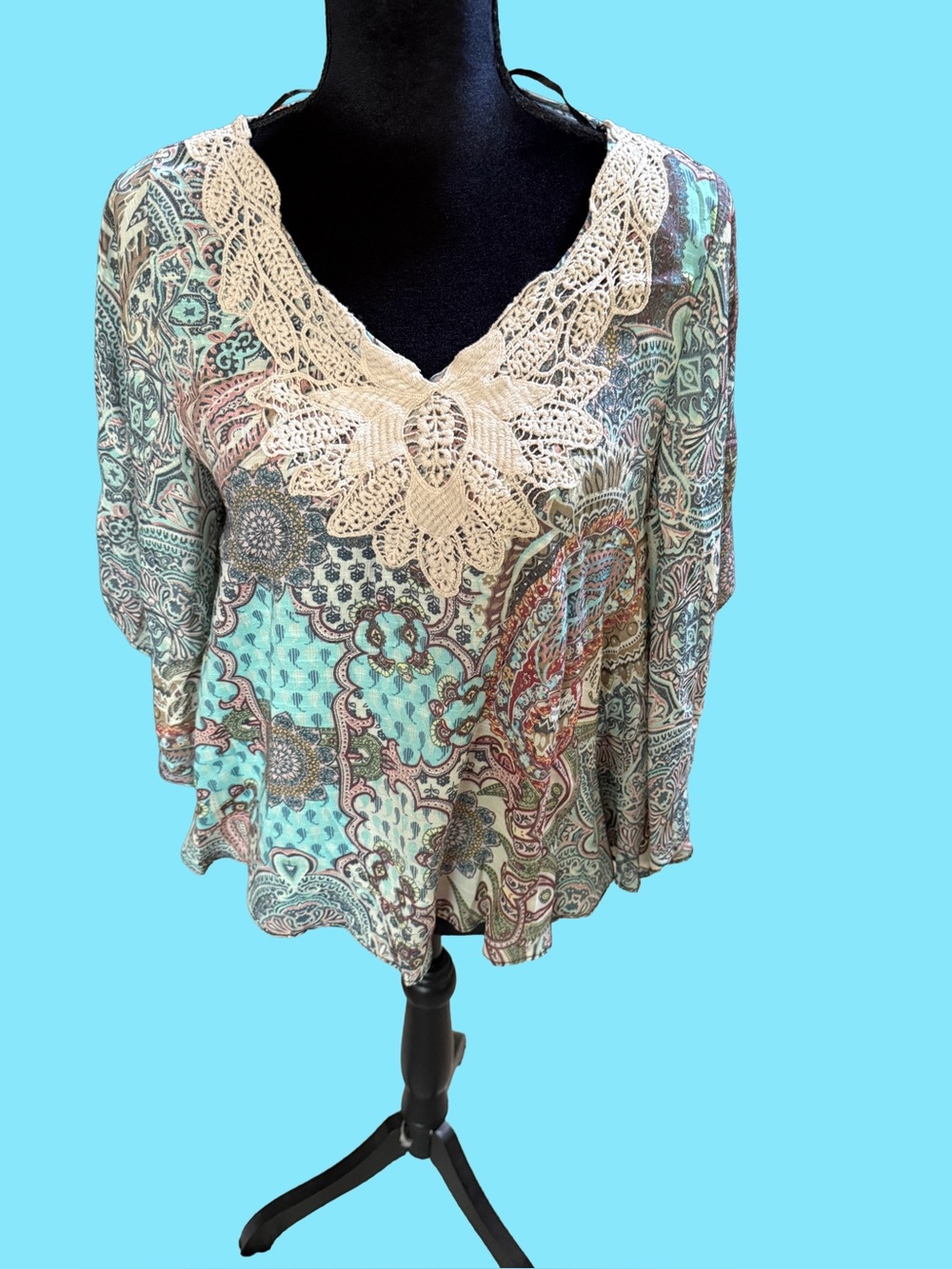 Crochet-Trim Paisley Boho Blouse